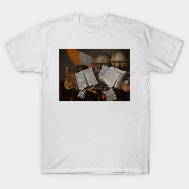 A Vanitas Still Life with a Flag, Candlestick, Musical Instruments, Books, Writing Paraphernalia, Globes and Hourglass by Edwaert Collier T-Shirt by Classic Art Stall